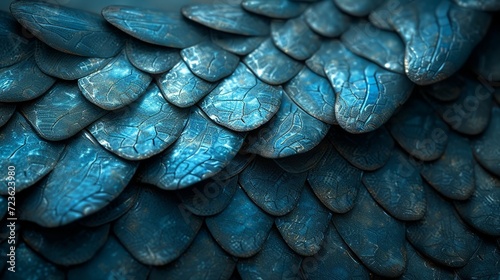 Macro shot of vibrant blue dragon scales with water droplets, showcasing intricate textures and patterns.