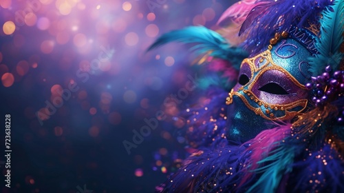 Mardi Gras Masquerade Banner with copy space. Carnival Mask in purple, green, and yellow with glitter and feathers. Wide format background. AI Generative