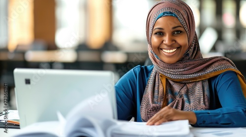 Muslim woman in hijab in a modern office with laptop. A Muslim woman excels in her role, contributing to a modern office environment