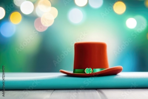 Close up of red green hat on mat with Santa Clauses, Partrick hat with home decorated bokeh background .copy space