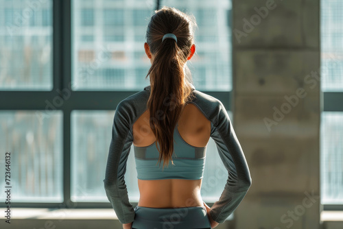 Rear view young woman with muscular body. Fitness concept.
