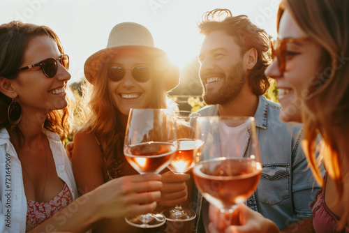 People toasting rose wine outside at a winery. Lifestyle concept with friend enjoying good time.