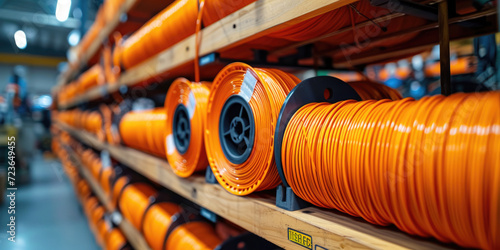 a spool of orange cables optic on a wooden rack, 