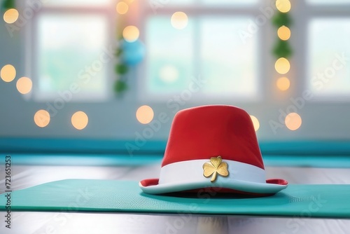 Close up of red green hat on mat with Santa Clauses, Partrick hat with home decorated bokeh background .copy space