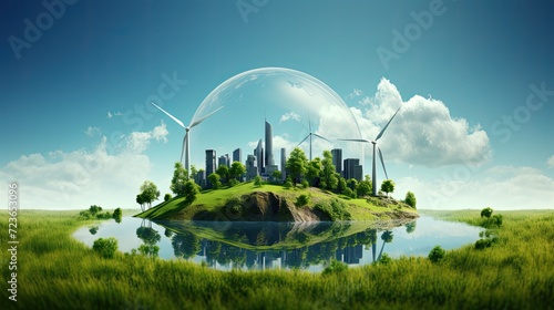 Futuristic city inside a huge glass bubble / Dome - 3D animation