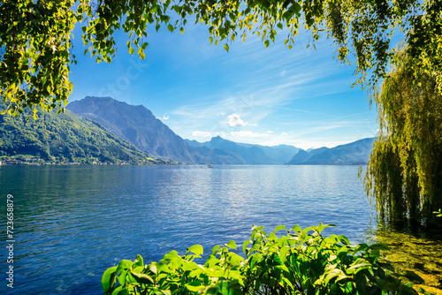 View of Traunsee and the surrounding landscape. Idyllic nature by the lake in Styria in Austria. Mountain lake at the Dead Mountains in the Salzkammergut. 