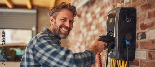 Electrician man smiling and installing a home charging.