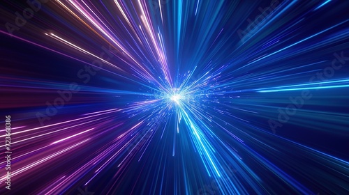 Dynamic representation of hyperspace travel with a blue light burst in a tunnel effect, conveying motion and speed in space.