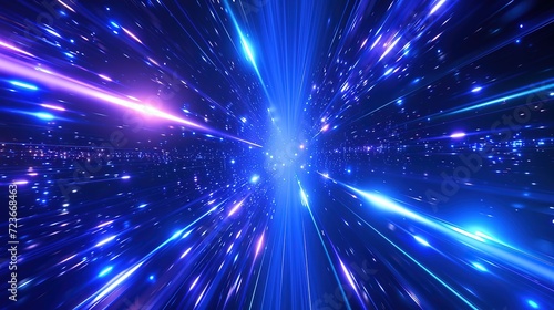 Abstract concept of a hyperspace jump with blue streaks and particles simulating high-speed travel through a starfield.