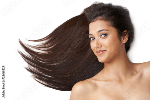 Hair care, woman and portrait or wind in studio with keratin treatment, soft texture and shampoo or collagen shine . Model, face and beauty with hairstyle, cosmetics and happy on white background