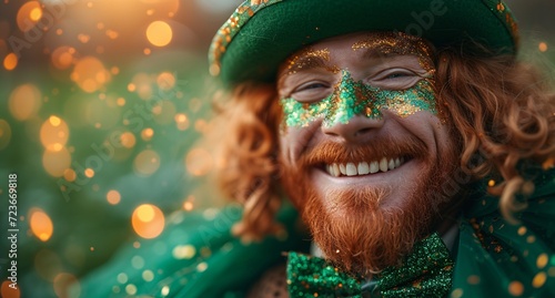 St. Patrick's Day Celebration: A Man in a Green Hat and Beard with Gold Paint on His Face Generative AI