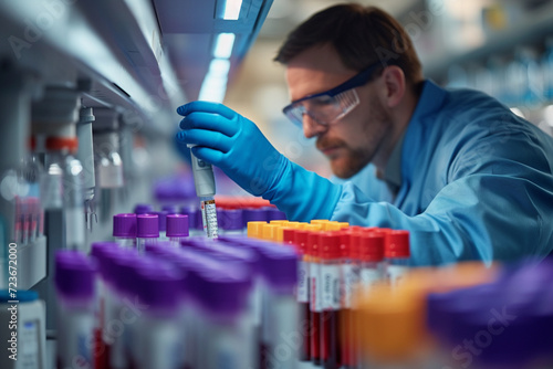 An image of a scientist researching new blood testing methods in a laboratory setting,