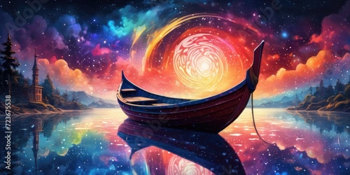 A boat peacefully floated on the surface of a serene body of water beneath a colorful sky adorned with countless twinkling stars. Fantasy Art 
