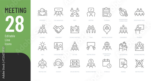 Vector illustration in modern thin line style of business related icons: types of meetings, call, online meetings, and more. Isolated on white