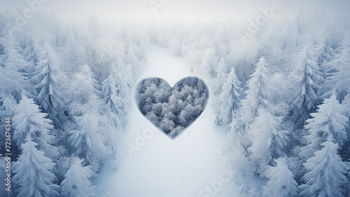 heart shape in winter forest, landscape view from drone aero panorama