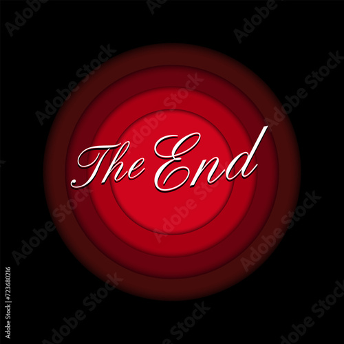 Logo cinématographique pour indiquer la fin d’un film avec le mot « The End » en blanc sur un fond de plusieurs ronds en dégradé de rouge.