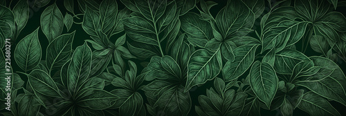Various green tropical leaves on a black background. exotic tropical wall with green palms. Bali style