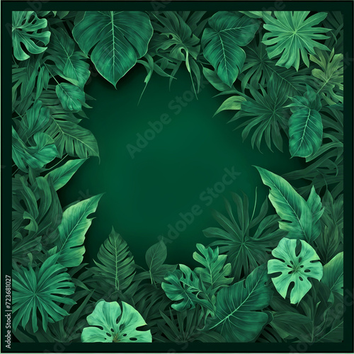 Various green tropical leaves on a black background. exotic tropical wall with green palms. Bali style. Square frame