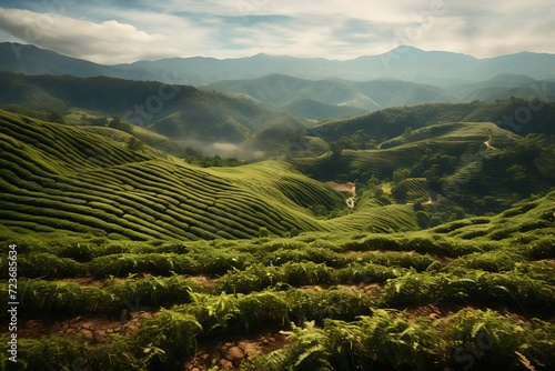 The serene landscape of Colombian coffee plantations with lush green fields and towering mountains.