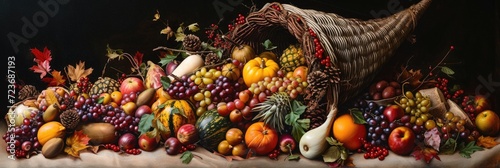 A picturesque cornucopia overflowing with an abundance of seasonal fruits and vegetables