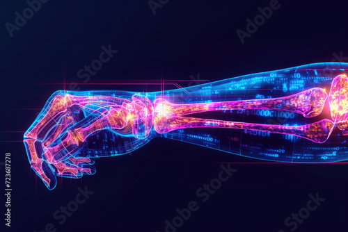 3D representation emphasizing pain and inflammation in the elbow joint, illustrating the interplay of bones, muscles, and tendons