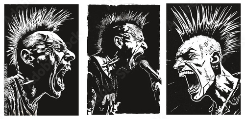 Punk's Not Dead. Screaming punk with mohawk hair isolated on black background. grunge linocut style illustration