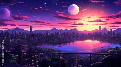 Picturesque view from the roof of the lake in the night city. Digital concept, illustration painting.