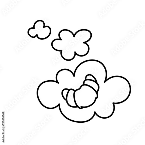 Croissant thoughts, sweet. Addiction to sugar. Dessert, sweets. Coloring page, icon, black and white vector illustration.