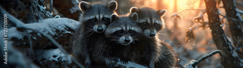 Racoon family in the forest with setting sun shining. Group of wild animals in nature. Horizontal, banner.