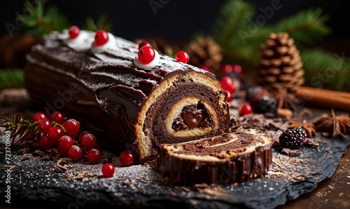 christmas log, traditional christmas cake, buche de noel, chocolate and berries, pastry, decorated with christmas themed elements, family meal and tradition, on a black, Generative AI 