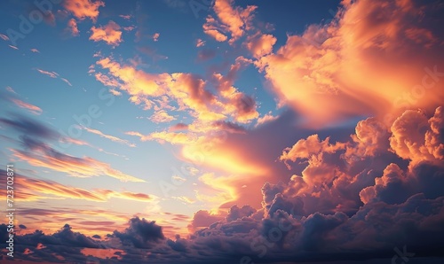 Sky at sunset, sky at sunrise, clouds, orange clouds cirrus clouds, cumulus clouds, sky gradient, sky background at dusk, twilight, nightfall, pink sky, pink clouds, sun, environment, Generative AI 