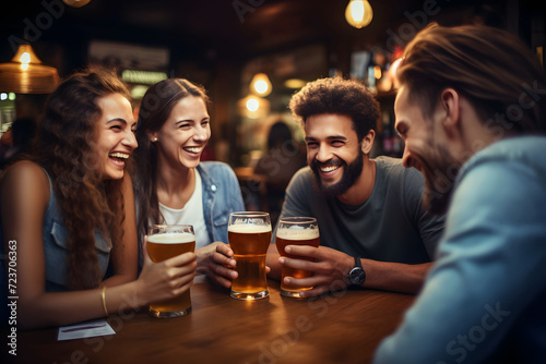 Illustration of a group of friends at a bar, drinking beer and talking and smiling