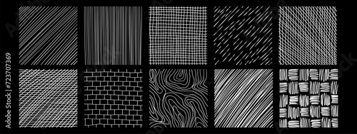 Set of textures with different hand drawn patterns. Vector scribble, horizontal and wave strokes collection.