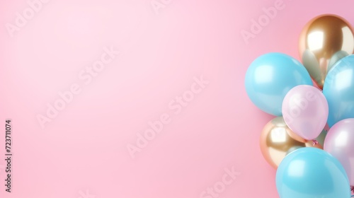A backdrop of soft pastel pink hosts an arrangement of blue and gold foil balloons on a card, leaving room for additional text.