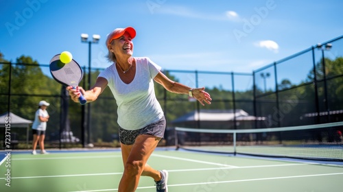 At the pickleball court, a mature woman is in the midst of a game