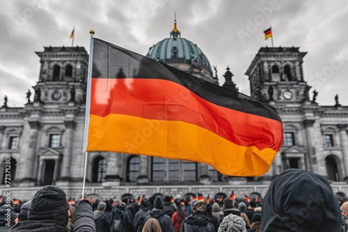 German Unity Flag Raised in Front of Historic Building Generative AI