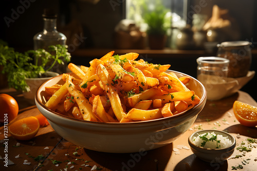 bowl with french fries in the home kitchen