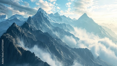 Majestic Mountain Peaks Amidst Clouds at Sunrise, Illustration Style Landscape Capturing the Serenity and Grandeur of Nature