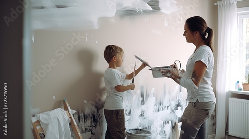 Using a paint roller, a son and his mother are involved in a home room wall painting activity
