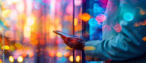 A man holding a mobile phone in his hands, close up image of a person looking at his smart phone. Colorful blurred futuristic bright background, bokeh effect of city lights. Copyspace for your text.