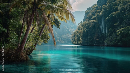 Lush greenery and towering cliffs frame the crystal-clear turquoise waters of a serene tropical lagoon.