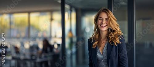 jeune femme Européenne souriante qui pose dans un bureau en open space