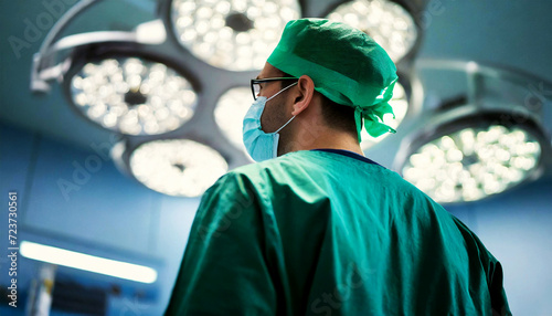 Closeup and back view of a male surgeon wearing surgical mask on in operating room at hospital. Generative Ai.