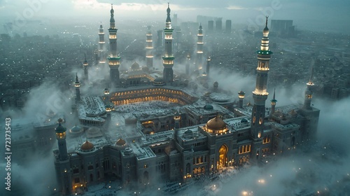 Foggy Night at the Grand Mosque: A Glimpse of the Monthly Ramadan Celebration Generative AI