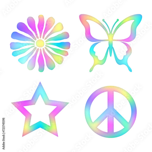 Butterfly, star, flower, pease sign with holographic effect.