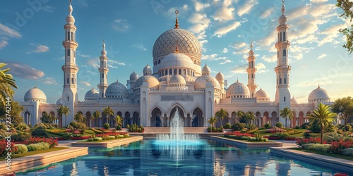 Arabian Nights - A stunning white mosque with a blue fountain and a beautiful blue sky in the background. Generative AI
