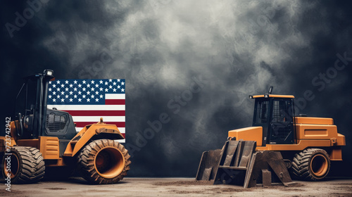 America flag and construction vehicle background