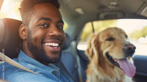 moment of joy as a young man with a bright smile is seated in a car, with a golden retriever beside him