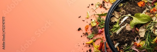 Background with copy space and peach color and an open compost bin filled with organic waste on a pastel pink backdrop.