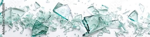 A wide panorama of shattered glass pieces scattered across a white surface, ideal as a dramatic banner backdrop for recycling or safety campaigns.